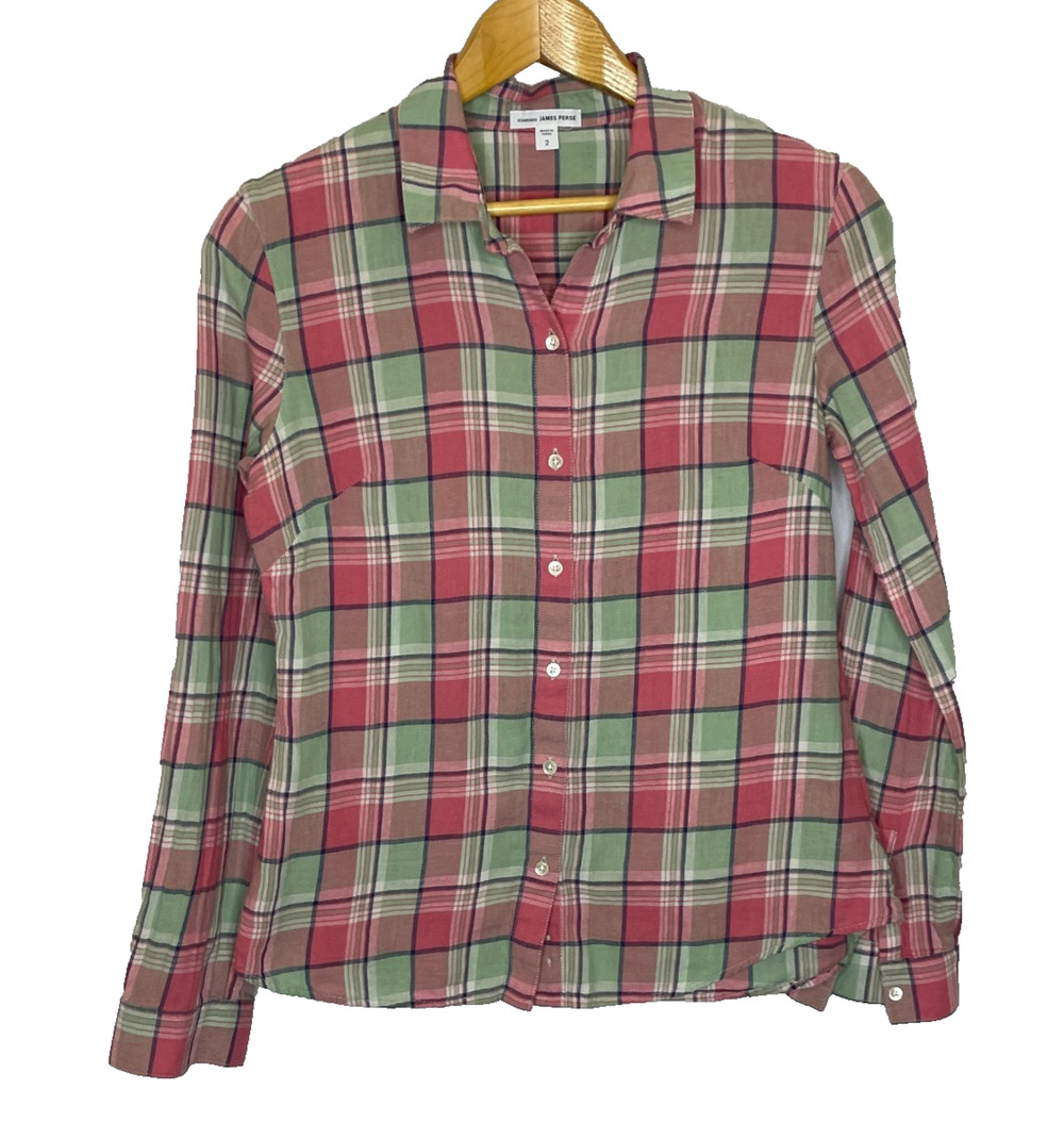 Women's 2 James Perse Standard Plaid Button Down Shirt Grey Red